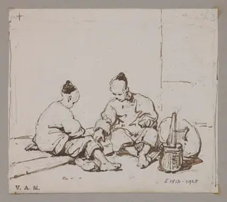 Two seated Chinese figures with a basket and hat, by George Chinnery, 19