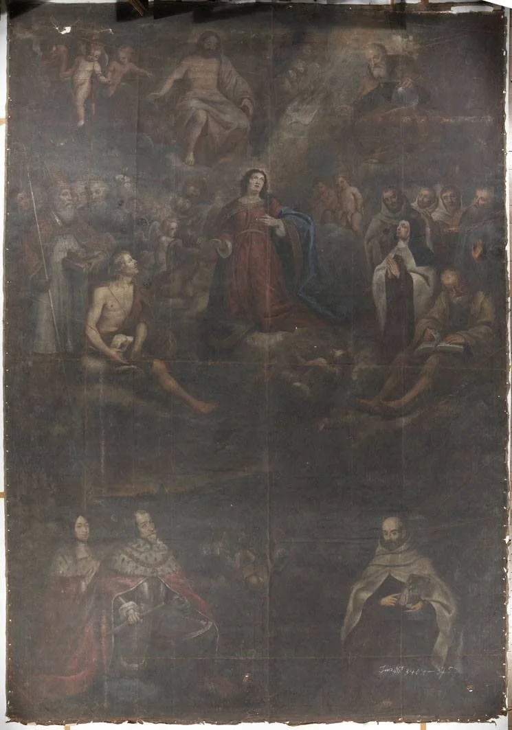 Kurfürst Maximilian I. von Bayern empfiehlt sich vor der Schlacht am Weißen Berg dem Schutz der Gottesmutter, der Heiligen Dreifaltigkeit und allen He, detail