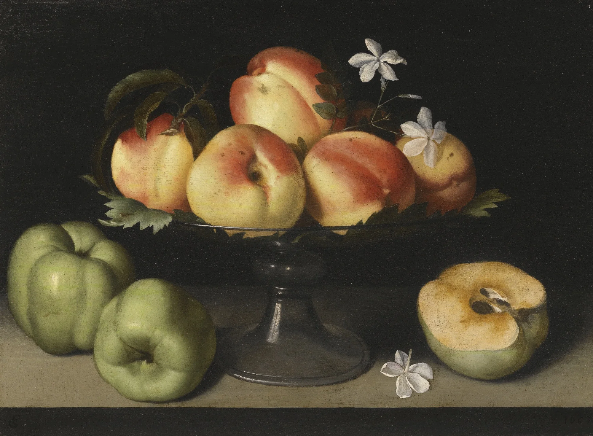 A Crystal Fruit Stand with Peaches, Quinces, and Jasmine Flowers, detail