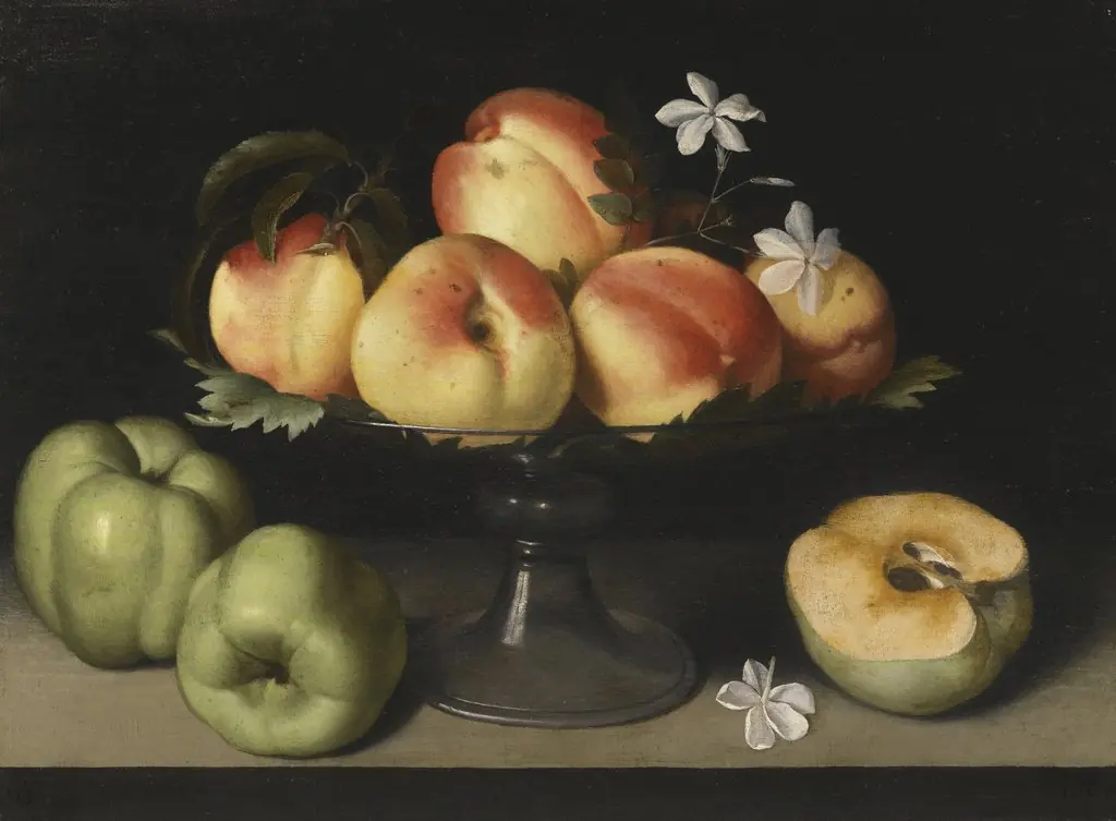 A Crystal Fruit Stand with Peaches, Quinces, and Jasmine Flowers, by Fede Galizia, oil, 1607