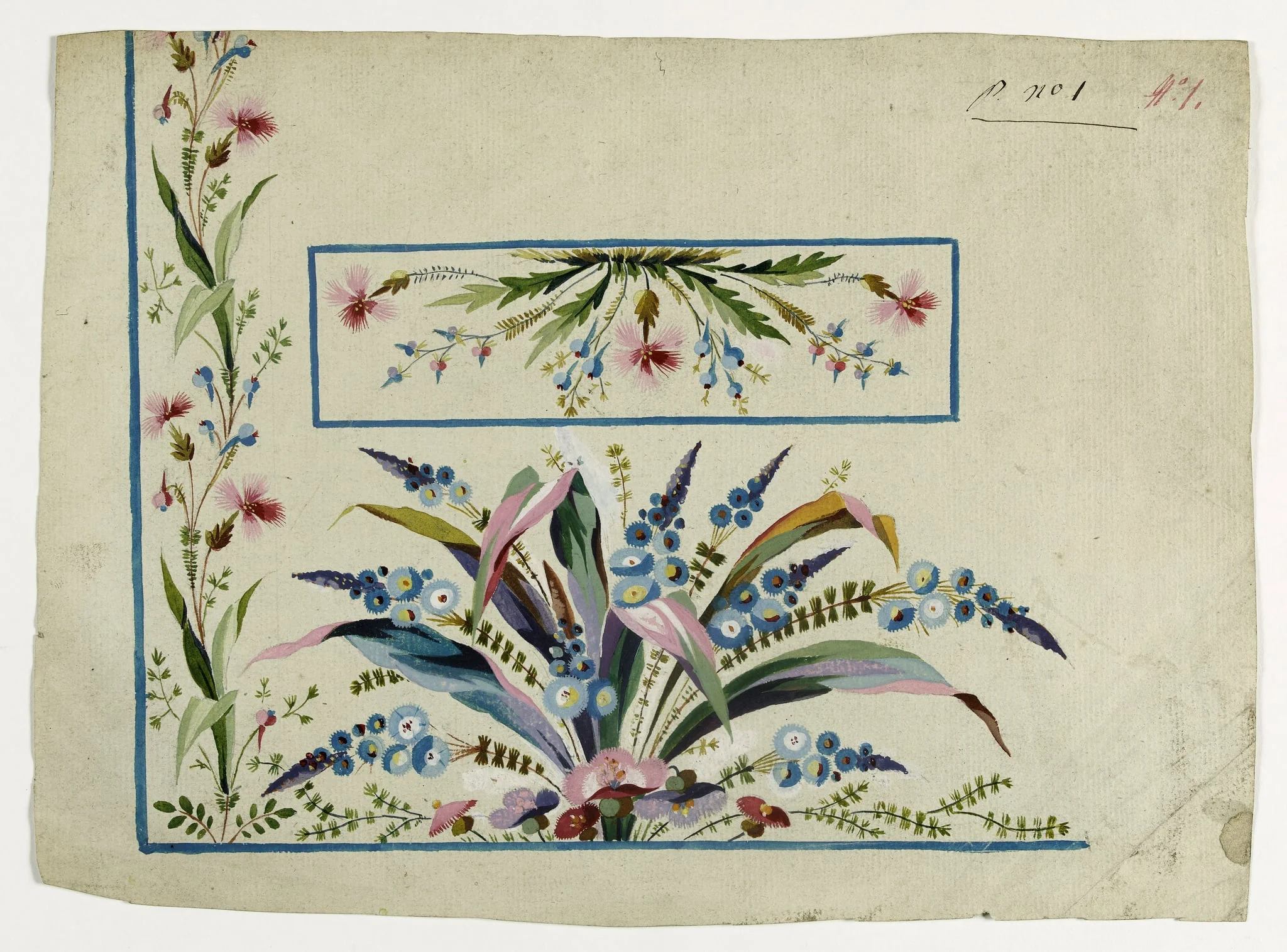 Gilet décor bouquet de bleuets et d'oeillets, projets de broderies de gilet, XVIIIème siècle, detail