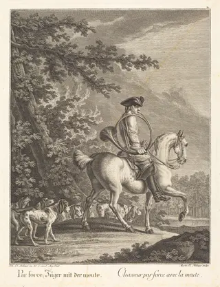 Huntsman with a Pack of Hounds, by Johann Elias Ridinger, ink, 1732