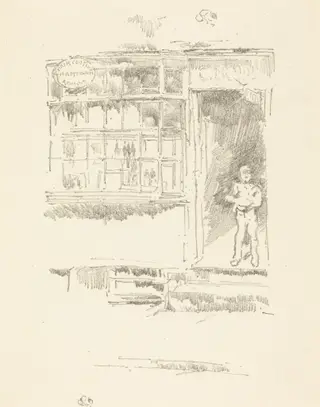 The Barber's Shop in the Mews, by James McNeill Whistler, ink, 1896