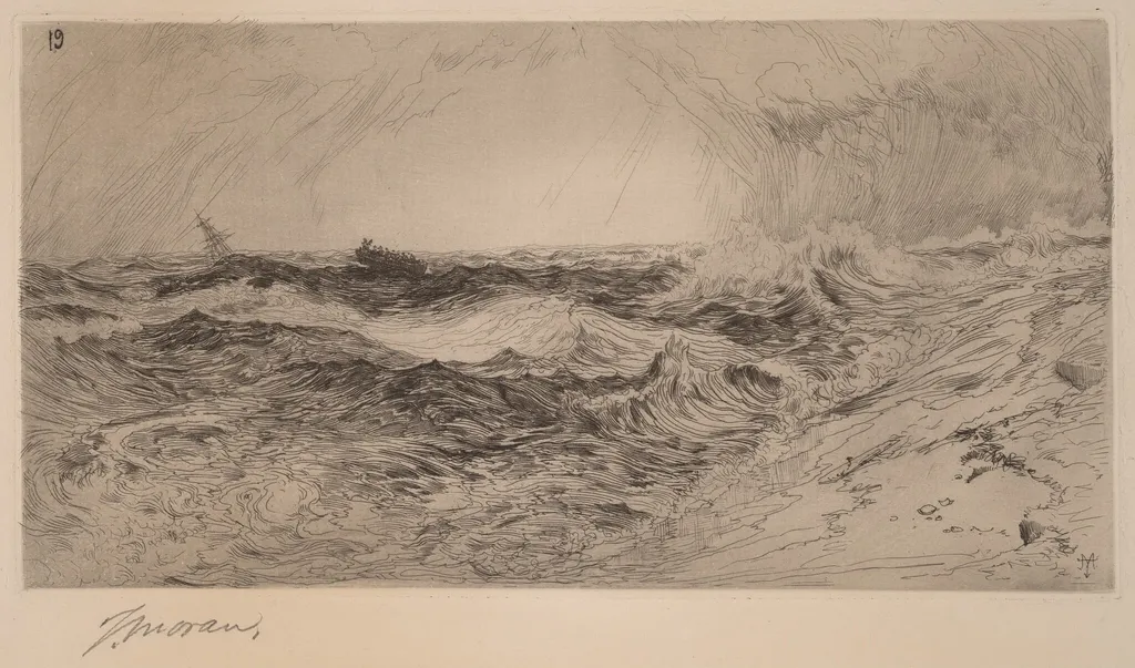 The Resounding Sea, by Thomas Moran, ink, 1880
