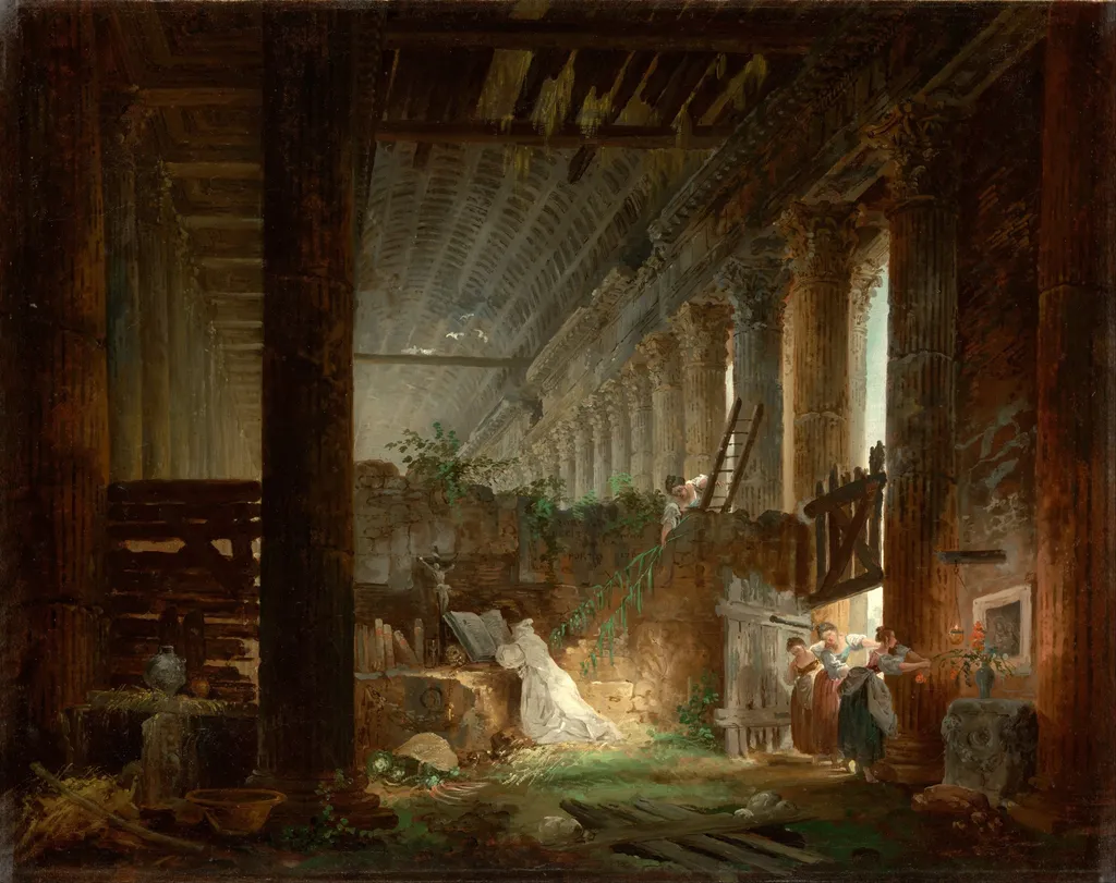 A Hermit Praying in the Ruins of a Roman Temple, by Hubert Robert, oil, 1760