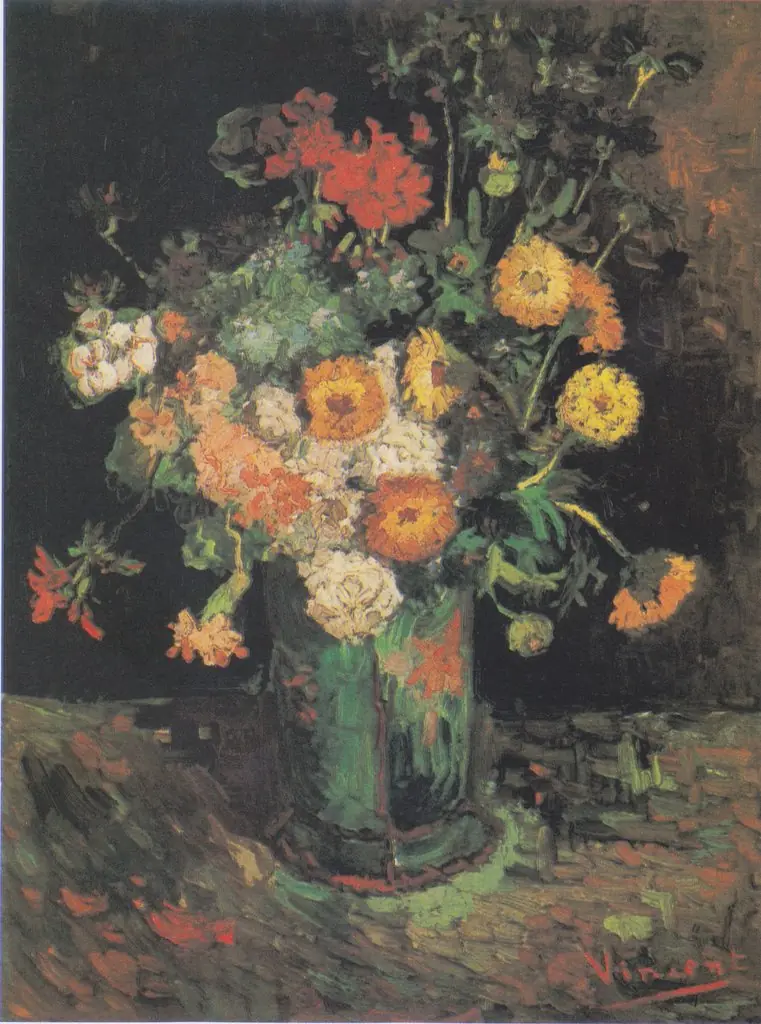 Vase with Zinnias and Geraniums, by Vincent van Gogh, oil