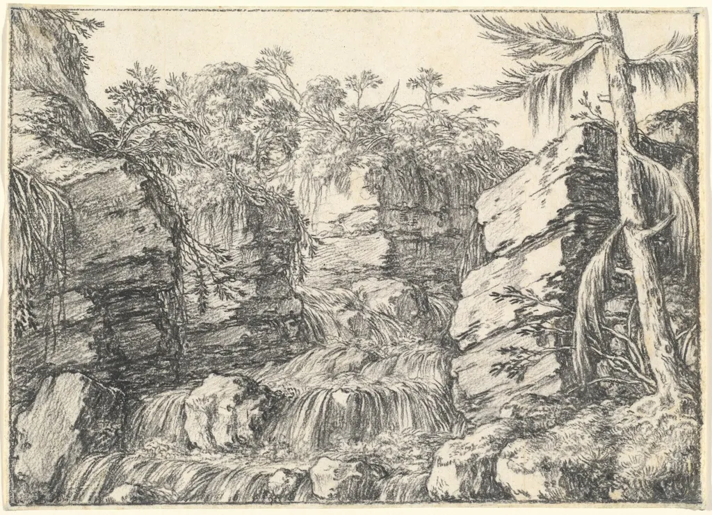 A Waterfall between Rocky Cliffs, by Jonas Umbach, chalk, 1658
