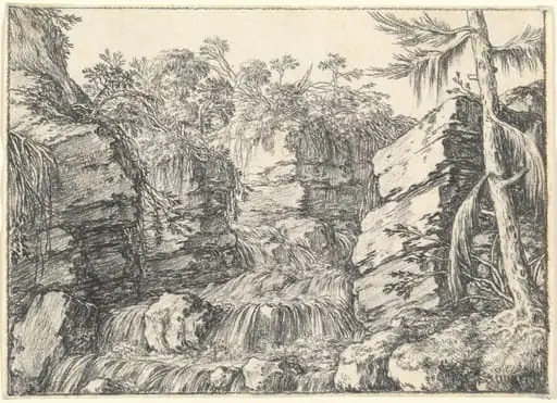 A Waterfall between Rocky Cliffs, by Jonas Umbach, chalk, 1658