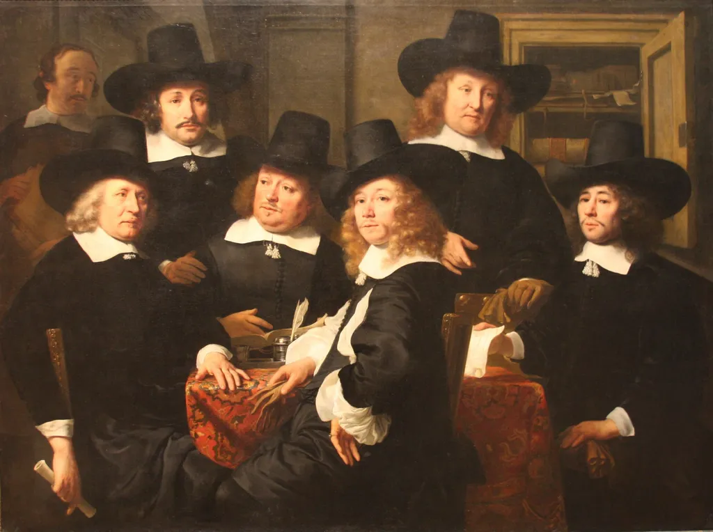 Six regents and the beadle of the Nieuwe Zijds institute for the outdoor relief of the poor, by Ferdinand Bol, oil, 1657