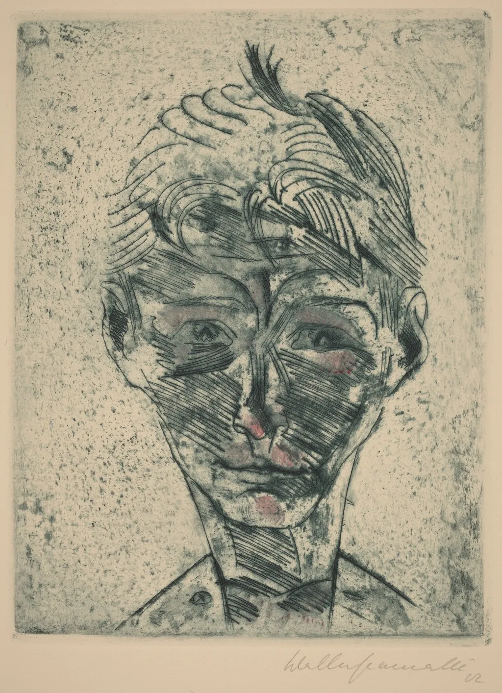 Bust of a Young Man, Self-portrait (Knabenkopf, Selbstporträt), by Walter Gramatté, ink, 1922