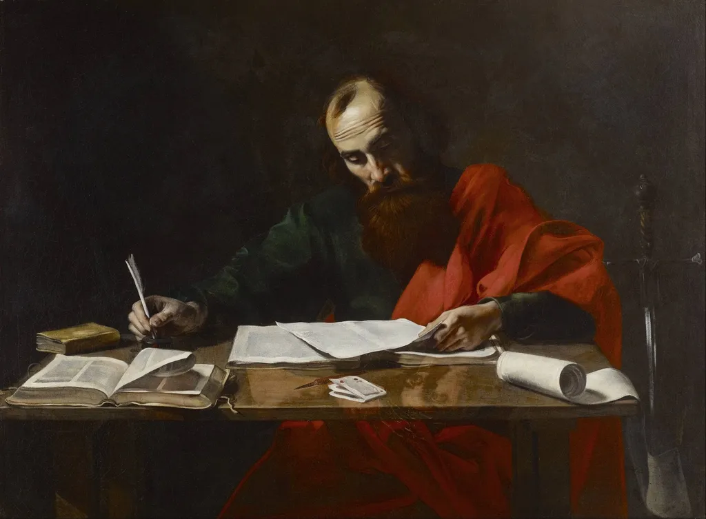 Saint Paul Writing His Epistles, by Valentin de Boulogne, oil, 1619