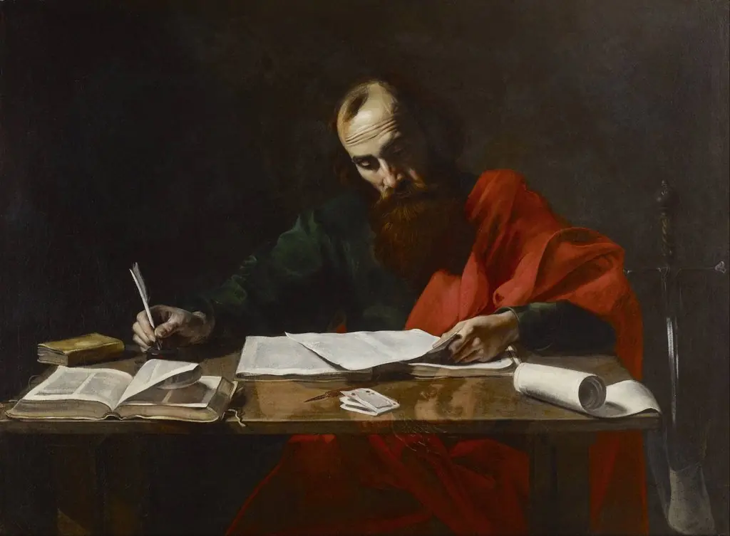 Saint Paul Writing His Epistles, by Valentin de Boulogne, oil, 1619