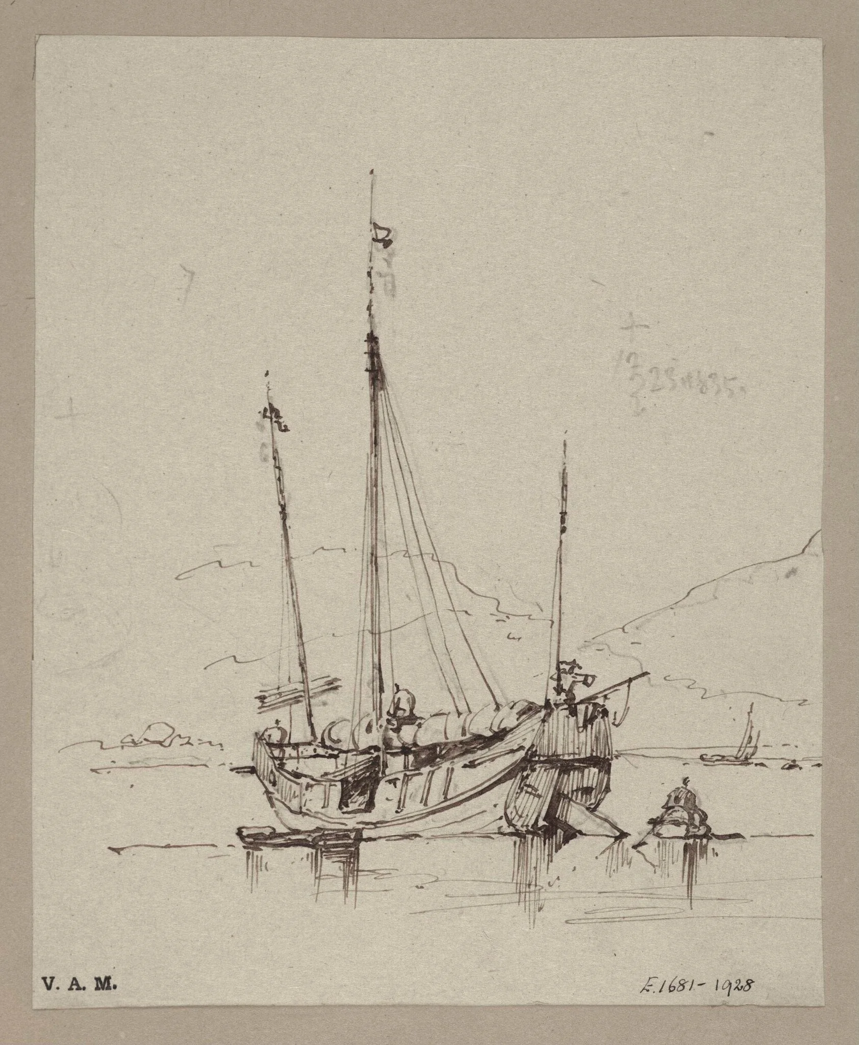 A Chinese junk with sail furled, detail
