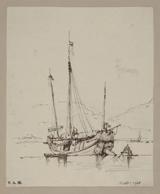 A Chinese junk with sail furled, by George Chinnery, 16