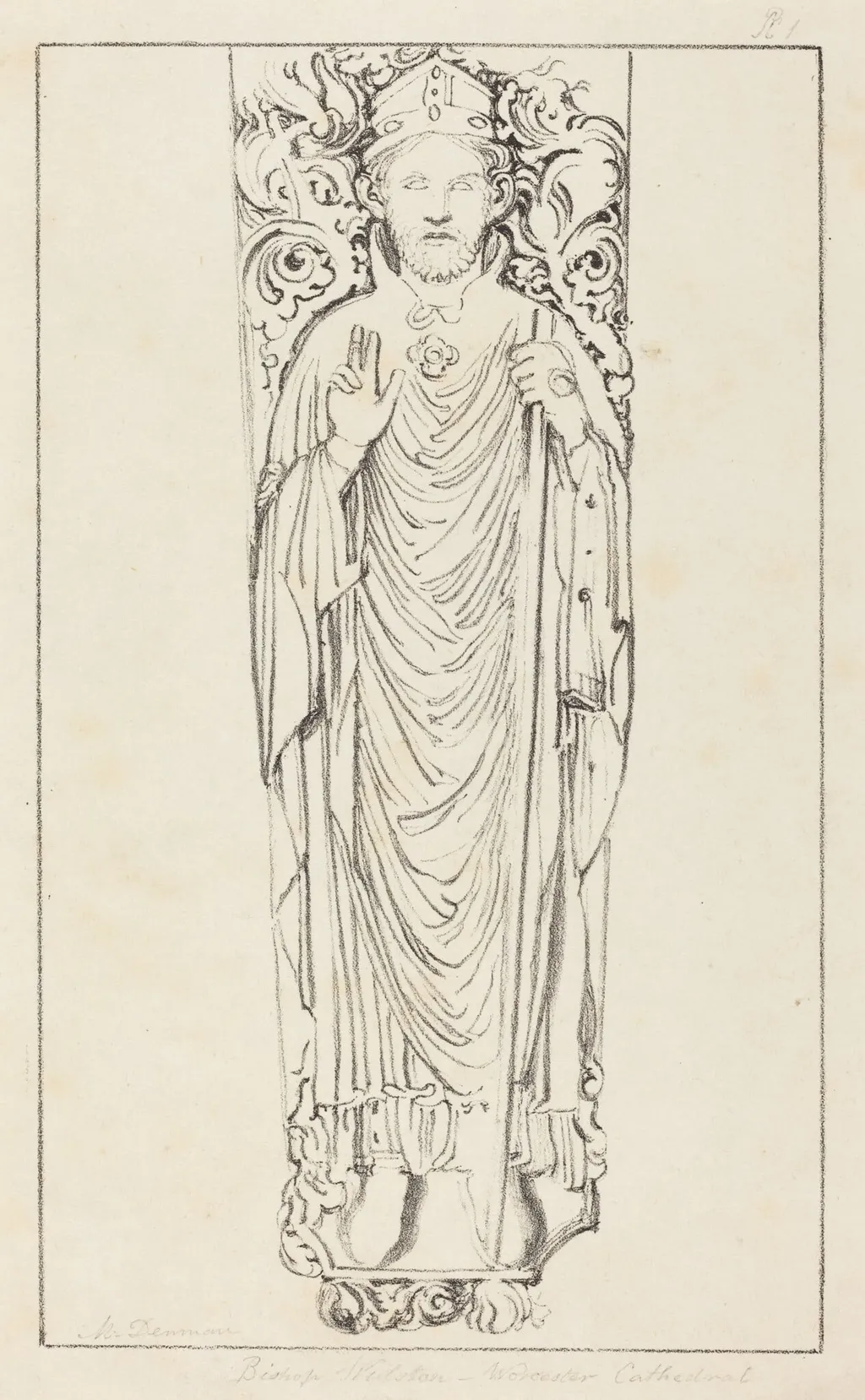 Bishop Wulstan, in Worcester Cathedral, by Maria Denman, ink, 1829