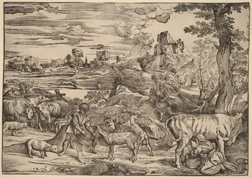Landscape with a Milkmaid, by Nicolò Boldrini, ink, 1534