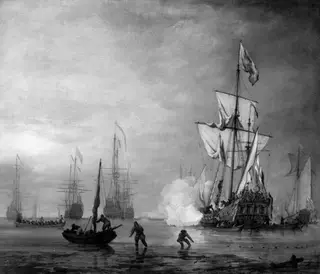 The gun salute from a sailing frigate, by Willem van de Velde the Younger, paint, 1650