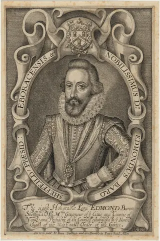 Edmond Shaffield, First Earl of Malgrave, by Renold Elstrack, ink, 1598