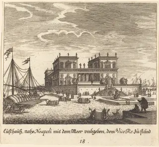 Palace, Vice Re, Naples, by Melchior Küsel, ink, 1681