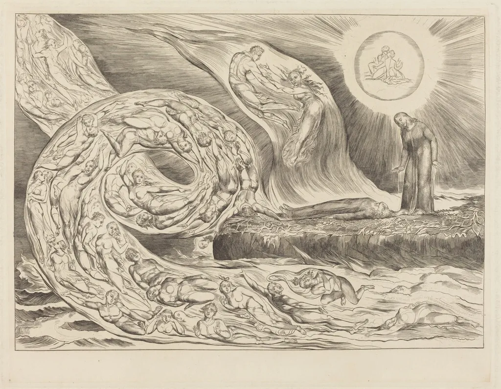 The Circle of the Lustful: Paolo and Francesca, by William Blake, ink, 1827