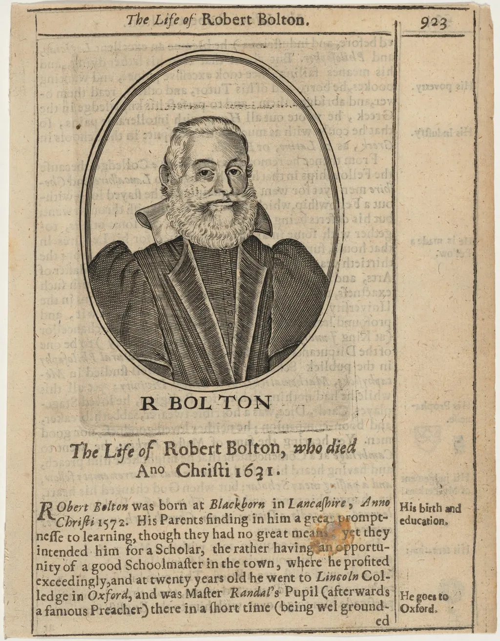 Rev. Robert Bolton, by John Payne, ink, 1627