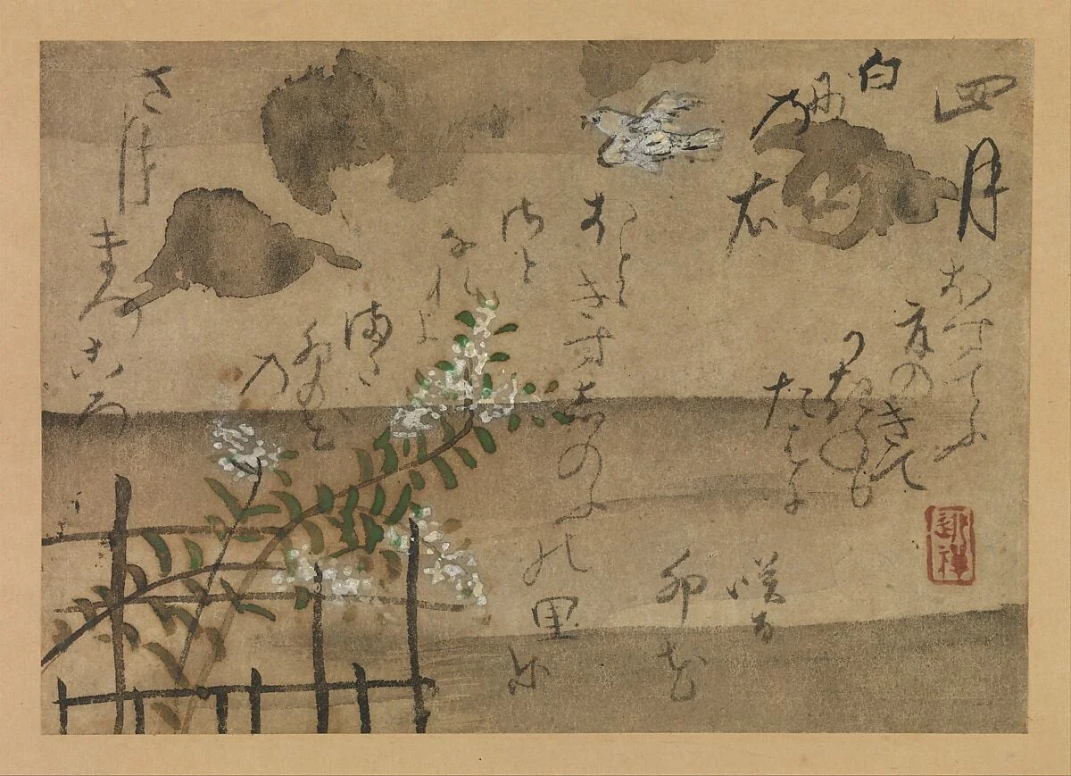 尾形乾山筆 定家詠十二ヶ月和歌 花鳥図 『拾遺愚草』 より四月|“Fourth Month” from Fujiwara no Teika’s “Birds and Flowers of the Twelve Months”, detail