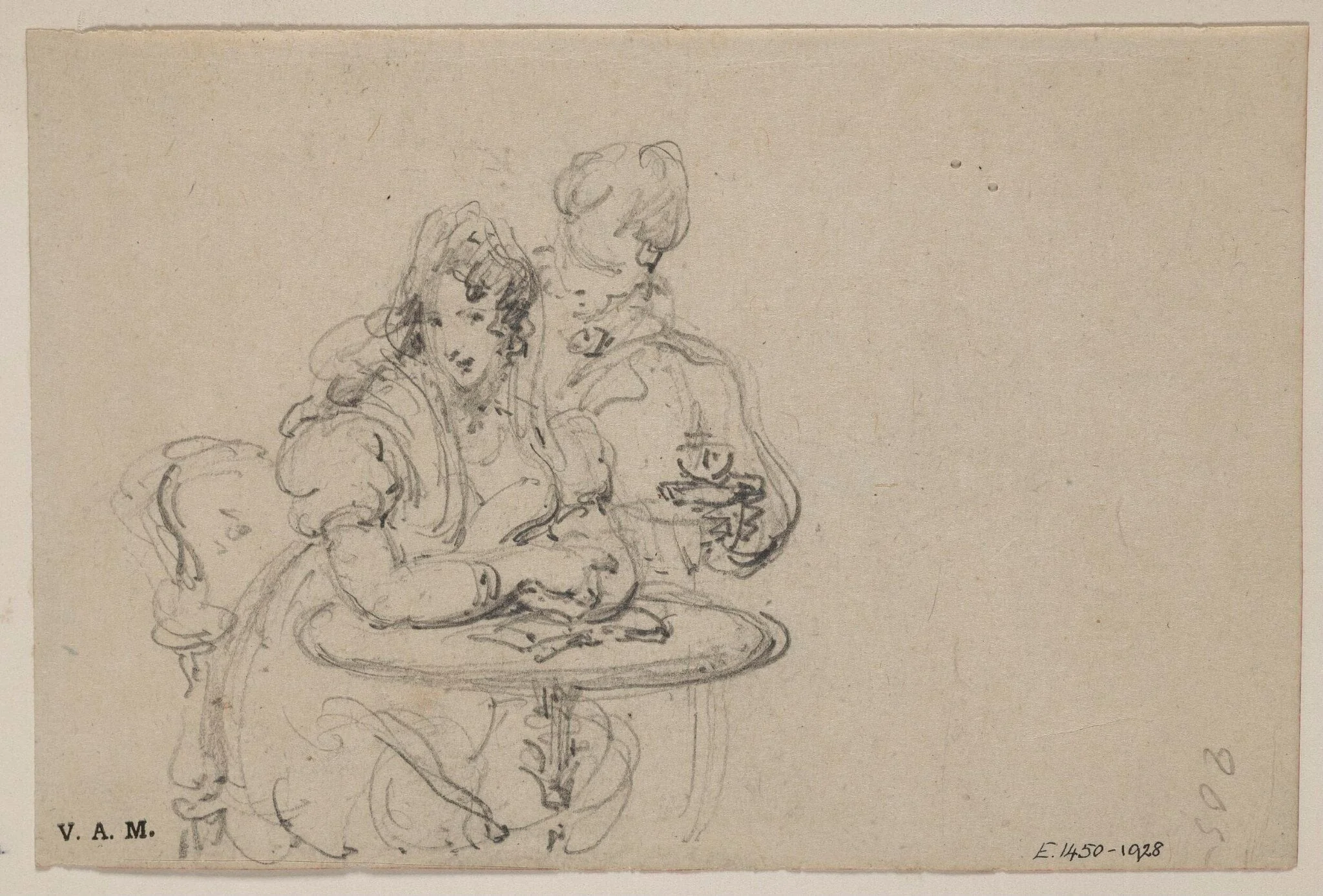 A Western couple at a table; on the back, a young Western woman drawing flowers, detail