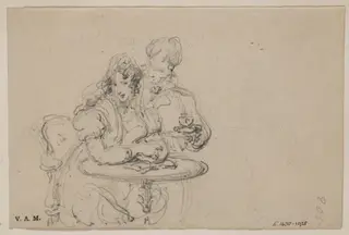 A Western couple at a table; on the back, a young Western woman drawing flowers, by George Chinnery, 9