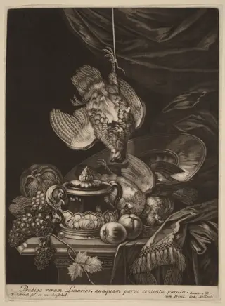 Still Life with a Hanging Partridge, by Pieter Schenck I, ink, 1690
