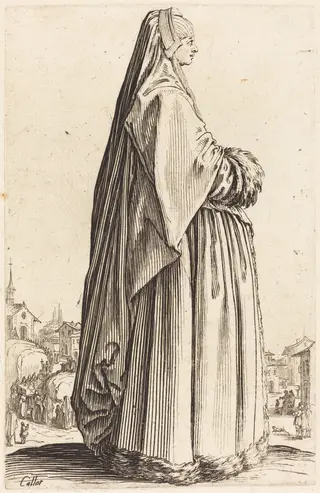 Noble Woman Wearing a Veil and a Dress Trimmed in Fur, by Jacques Callot, ink, 1622