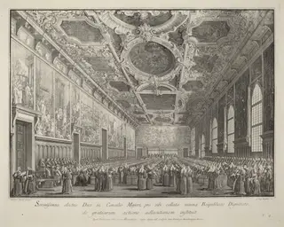 The Doge Returns Thanks in the Sala del Consiglio Maggior, by Giovanni Battista Brustolon, ink, 1764