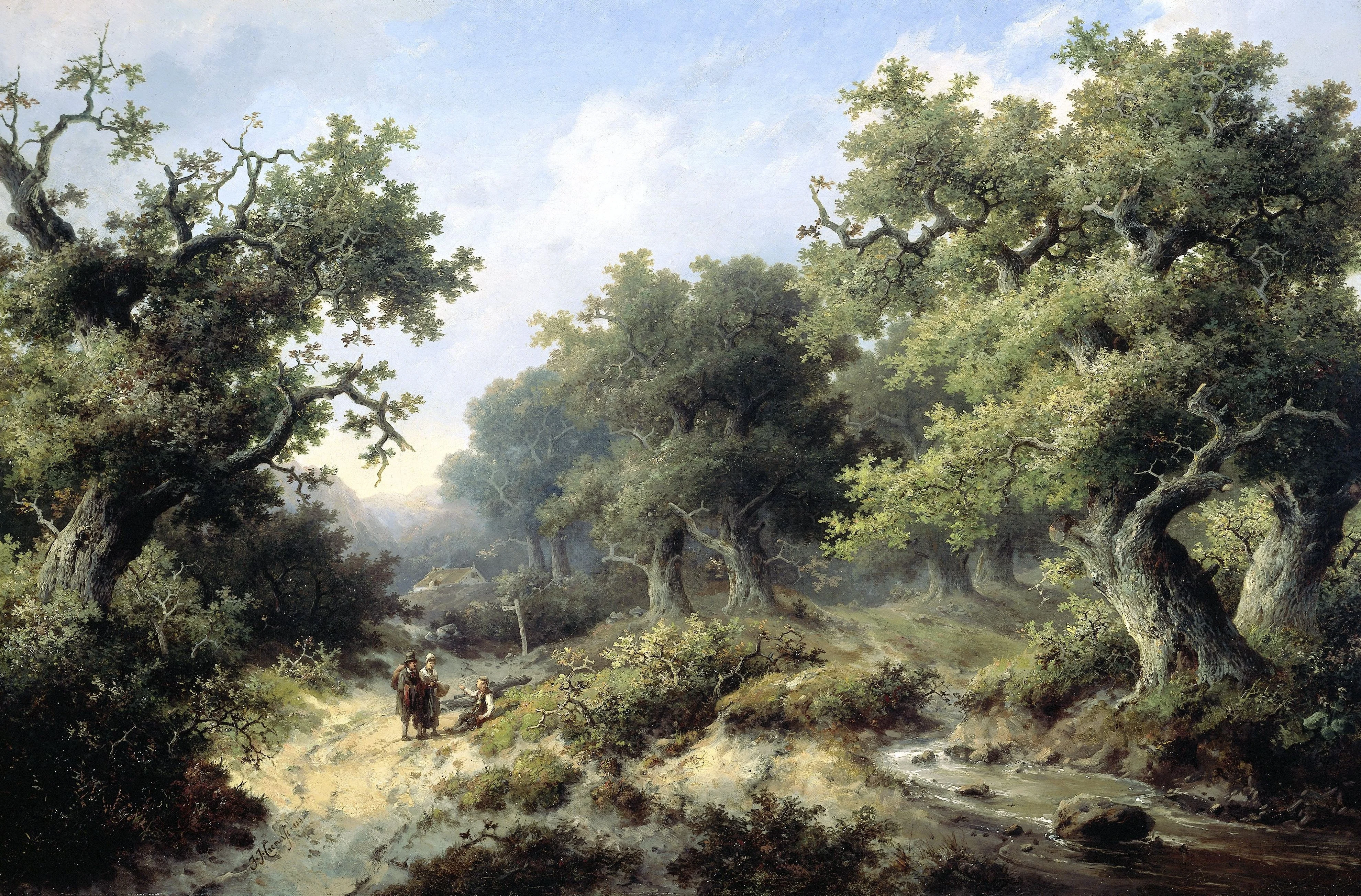 Wooded landscape with travellers, detail