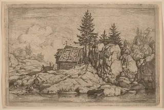 Two Fir Trees near Cottages, by Allart van Everdingen, ink, 1650