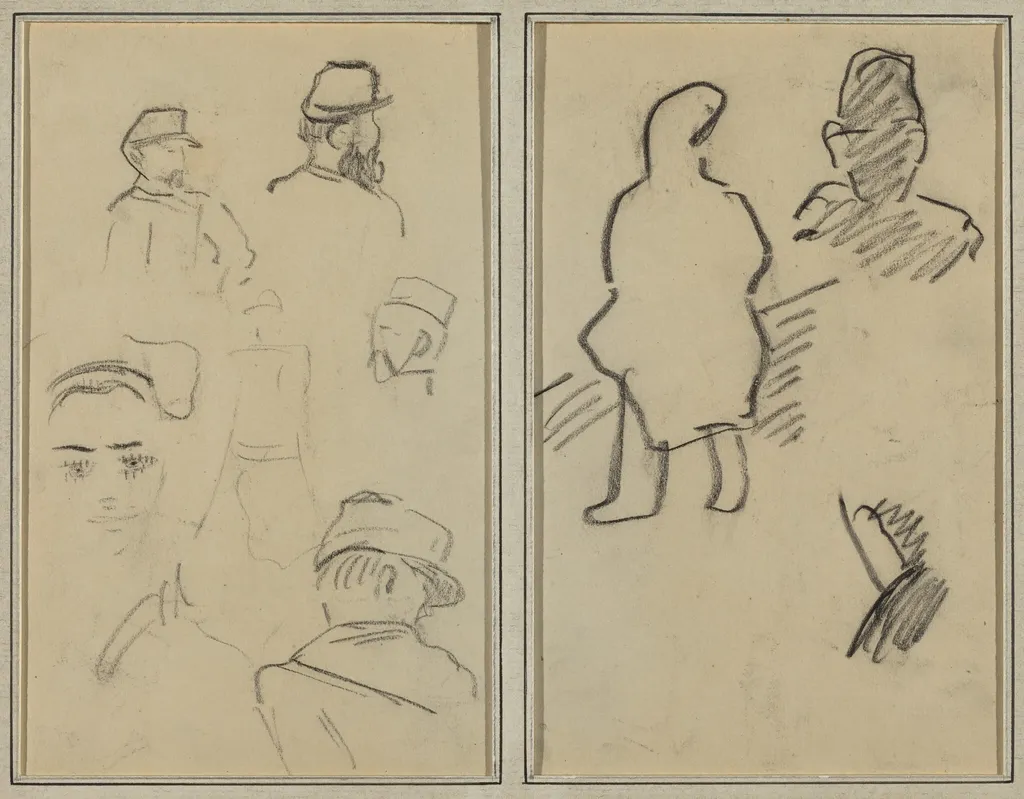 Five Studies of Soldiers and a Woman's Face; Two Figures [recto], by Paul Gauguin, crayon, 1886