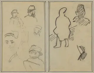 Five Studies of Soldiers and a Woman's Face; Two Figures [recto], by Paul Gauguin, crayon, 1886