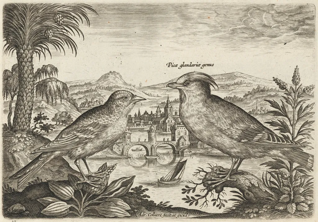 Waxwing and Another Bird, by Adriaen Collaert, ink, 1600