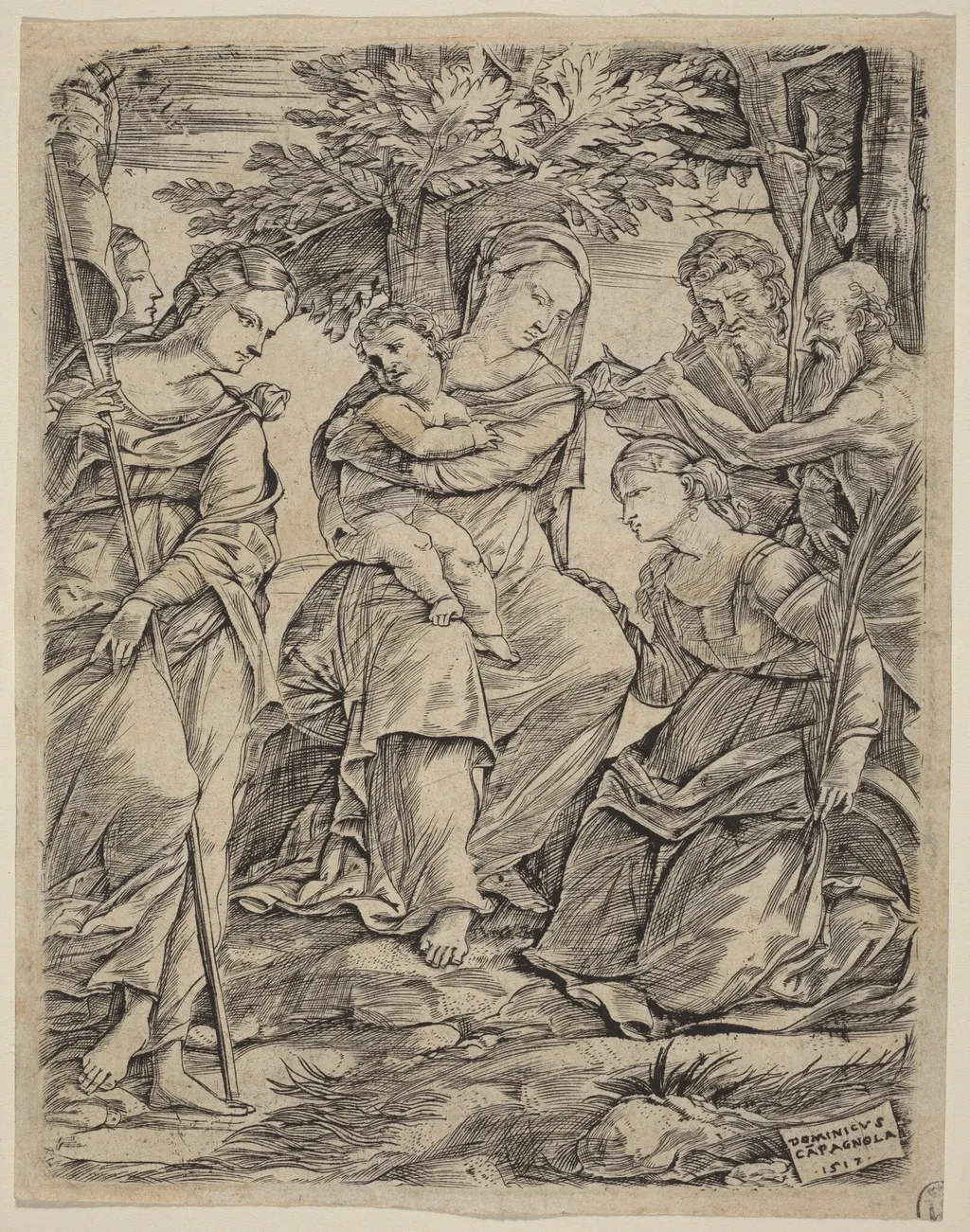 The Virgin and Child with Saints, by Domenico Campagnola, ink, 1517