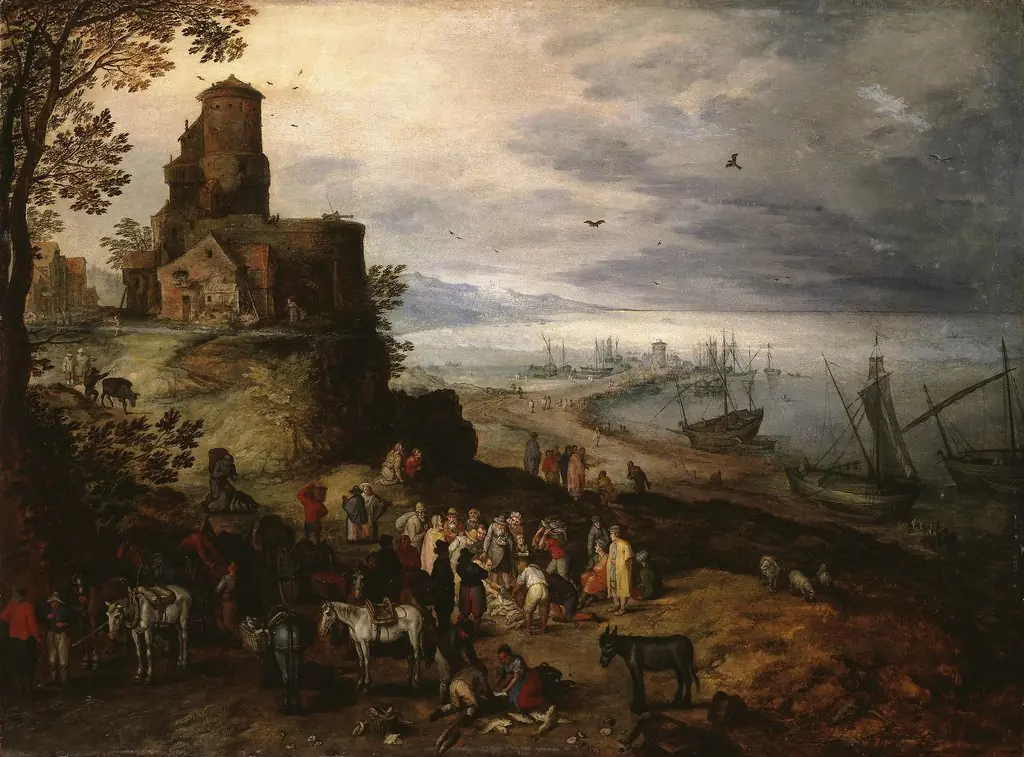 Fish Market (Calling the Apostles Peter and Andrew), by Jan Brueghel, the elder, oil, 1608