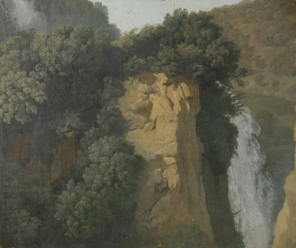 Overgrown Cliffs with a Waterfall in Italy, perhaps at Tivoli, by Hendrik Voogd, oil, 1805