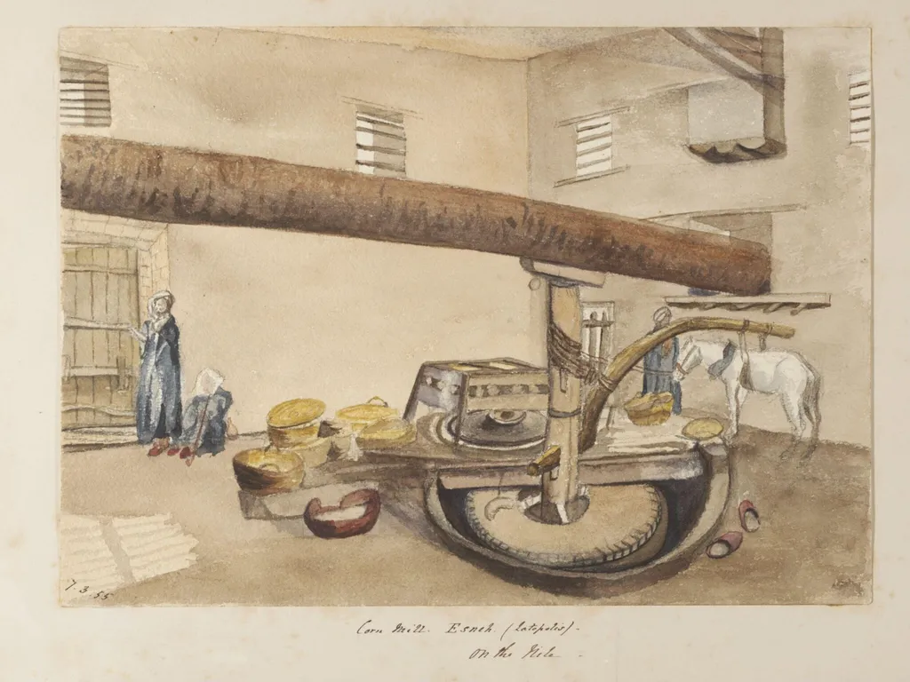 `Corn Mill.  Esneh. (Latopolis) - On the Nile - ', by George de Sausmarez, watercolor, 1855