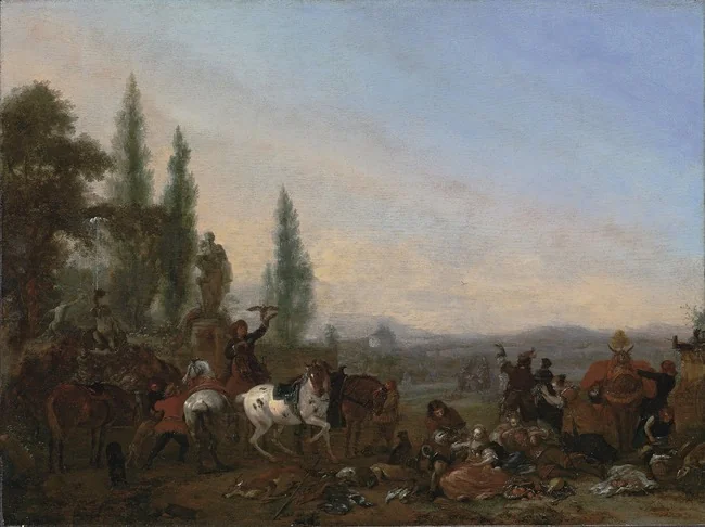 Hawking party resting by a fountain, detail