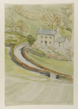 House in a steep-sided valley with a winding road, by Beatrix Potter, watercolor