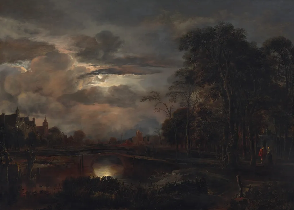 Moonlit Landscape with Bridge, by Aert van der Neer, oil, 1649