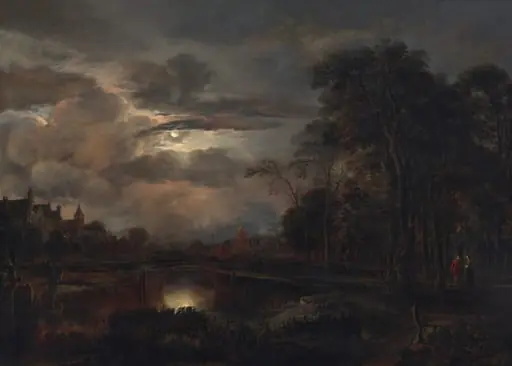 Moonlit Landscape with Bridge, by Aert van der Neer, oil, 1649