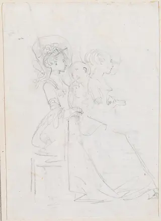 Two Seated Women with Male Figure between Them [verso], by Hubert Robert, chalk, 1760