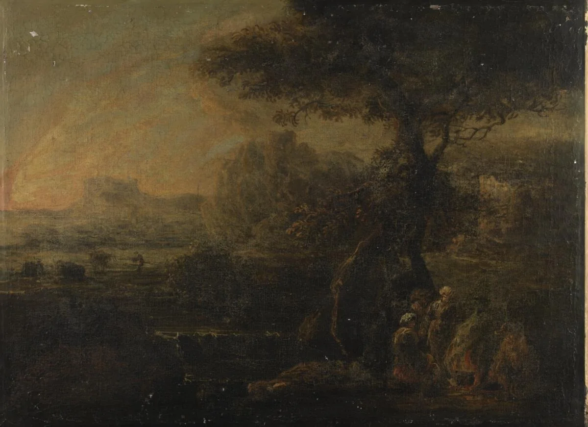 Romantic landscape with travellers around a camp fire, detail