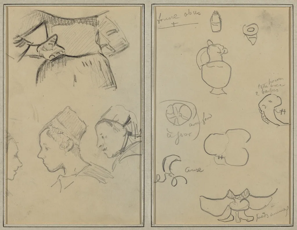 Four Studies of Breton Women; Shapes and Vases [verso], by Paul Gauguin, graphite, 1886