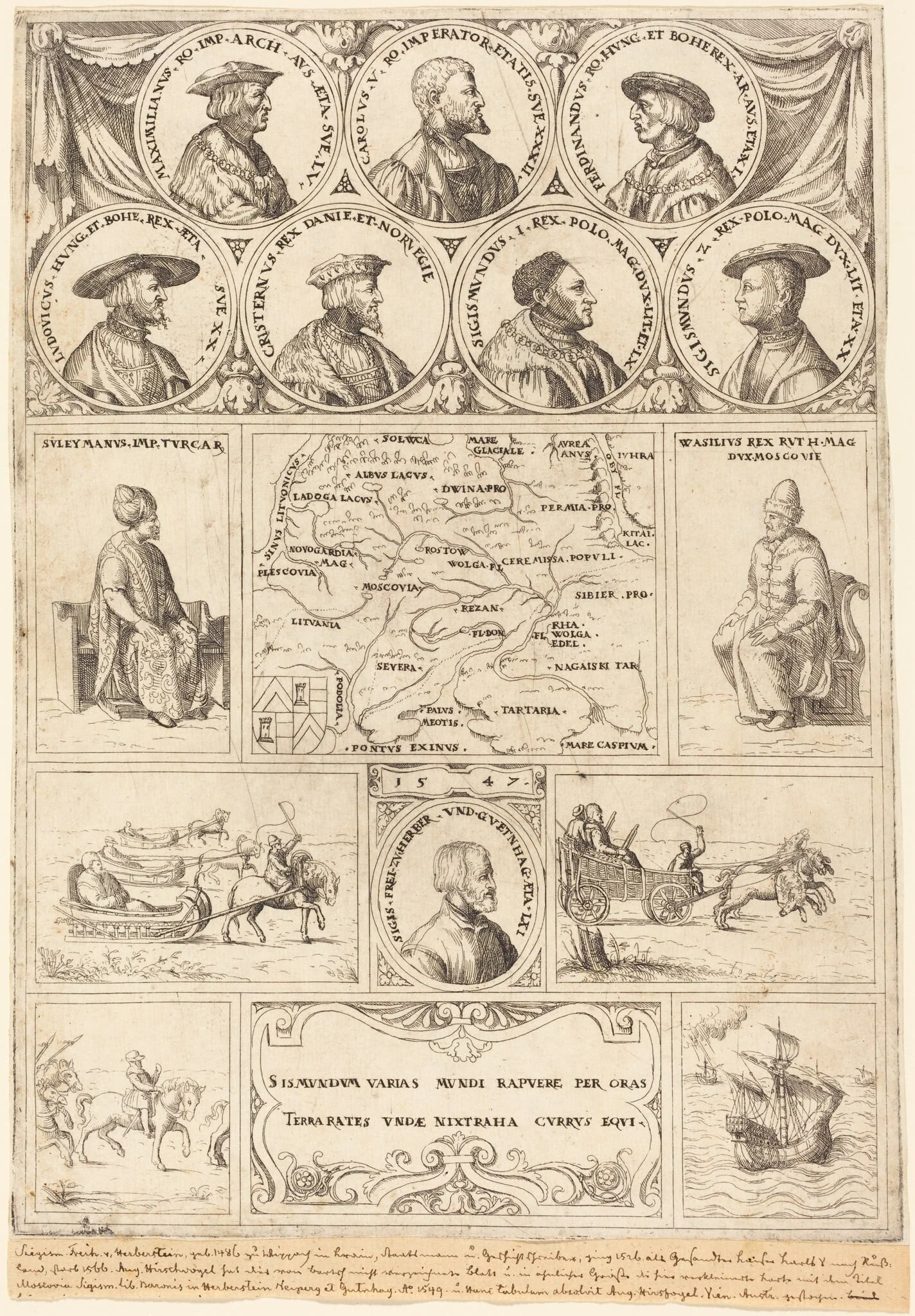 Map of Eastern Europe with portraits of Sigismund von Herberstein, Emperor Charles V, Emperor Maximilian I, Ferdinand of Hungary, Ludwig II of Hungary, Sigismund I of Poland, Sigismund II of Poland, Christian II of Denmark, Suleiman the Magnificent and Vasili III, Grand Prince of Moscow, and vignettes showing four journeys made by Herberstein, detail