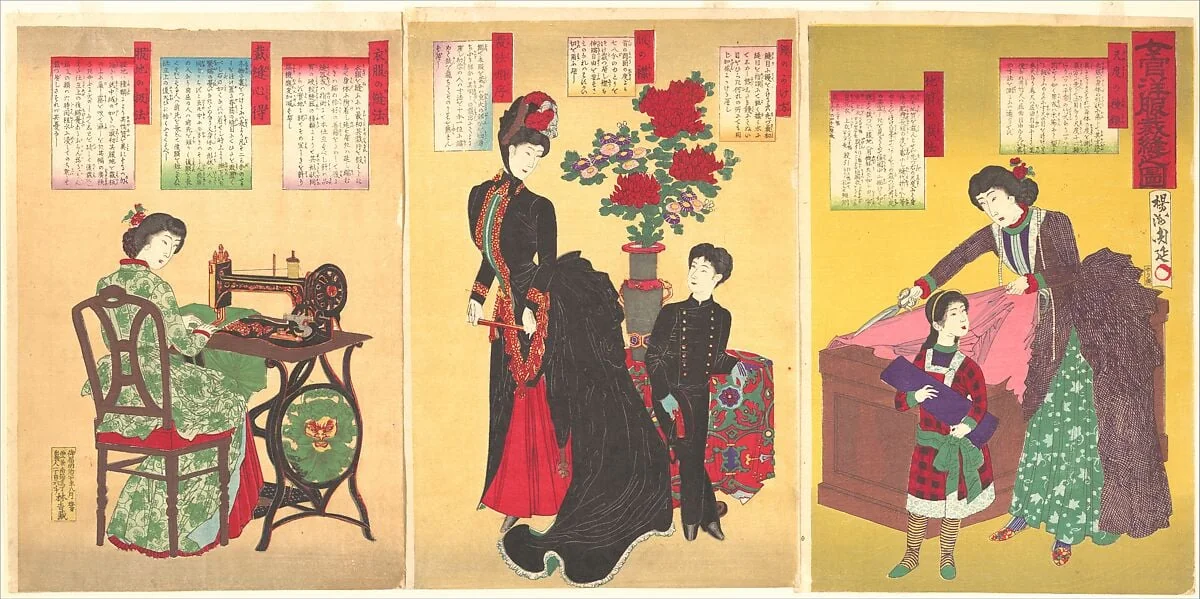 楊洲周延画 『女官洋服裁縫之図』|Court Ladies Sewing Western Clothing (Jokan yōfuku saihō no zu), detail