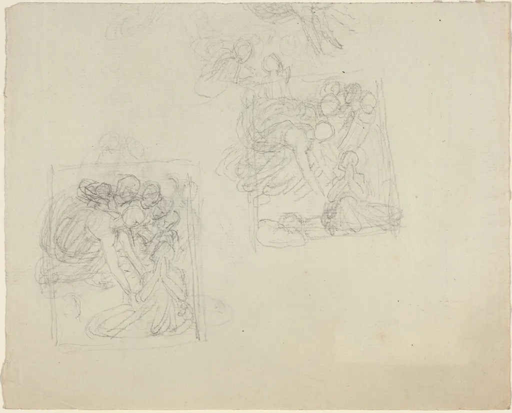 Studies for a Monument with Angels Reaching Down to a Praying Figure [recto and verso], by John Flaxman, graphite, 1790